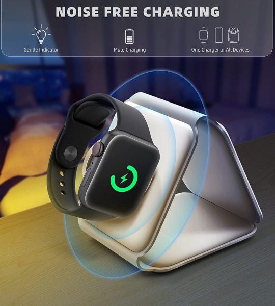 3-in-1 Wireless Foldable Charging Pad – Fast 15W Qi Charger for iPhone, AirPods & Apple Watch with Touch LED Nightlight, Portable Travel Station